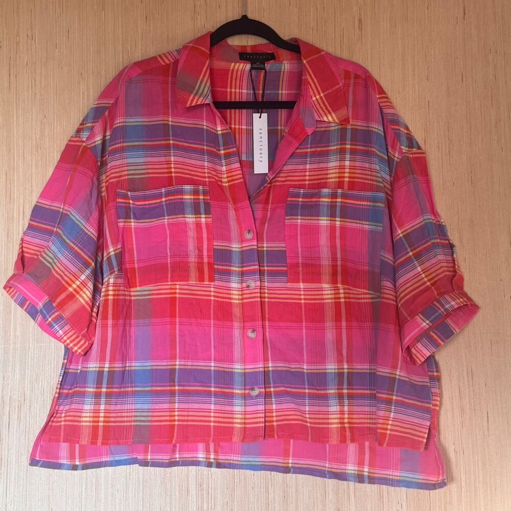 Sanctuary Pink Plaid Button Down V-Neck 100% Cotton Pleated Short Sleeve Size 2X